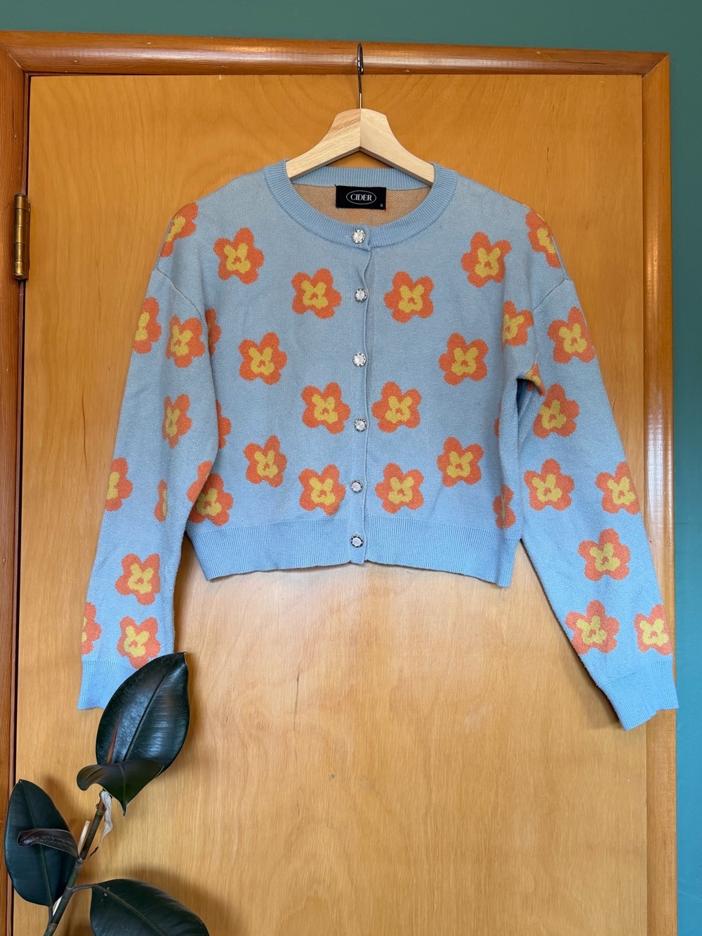 Cider Light Blue Cropped Cardigan with Orange Floral Knit